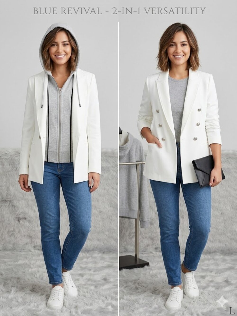 Blue Revival 2-in-1 White Blazer with Detachable Grey Hoodie - Size Large